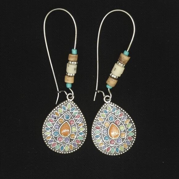 Colorful Boho beaded Teardrop French wire hook earrings. - Picture 1 of 2